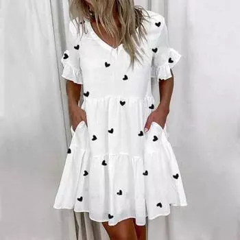 Летнее женское платье с v-образным вырезом трапециевидной формы, свободный подол, лоскутное платье с принтом, короткие рукава, боковые карманы, плиссированное повседневное мини-платье с рюшами L зелёный