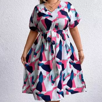 Летнее женское платье с v-образным вырезом и короткими рукавами, тонкое удобное дышащее многоцветное лоскутное платье с высокой талией, повседневное модное платье больших размеров XL