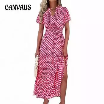 Летнее женское платье с v-образным вырезом и плиссировкой с короткими рукавами и карманами с принтом