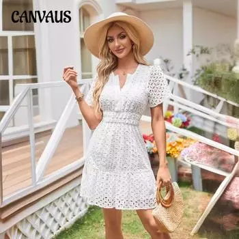 Летнее женское платье с v-образным вырезом и полыми кружевными плиссированными мини-платьями с короткими рукавами S белый
