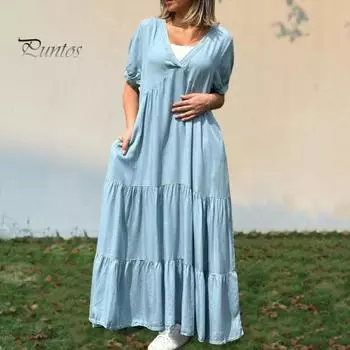 Летнее женское платье с V-образным вырезом трапециевидной формы в стиле пэчворк подол плиссированные однотонные боковые карманы свободные плюс размер с короткими рукавами до щиколотки женская повседневная одежда платье макси XL темно-синий