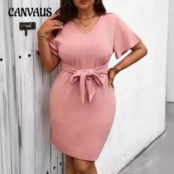 Летнее женское платье с v-образным вырезом, элегантные повседневные платья больших размеров L розовый