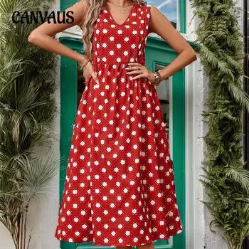 Летнее женское платье с v-образным вырезом и высокой талией, без рукавов, с принтом, платья S красный