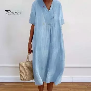 Летнее женское платье с v-образным вырезом и коротким рукавом, свободный пуловер трапециевидной формы, чистый цвет, длина до середины икры, повседневное повседневное платье-миди L хаки