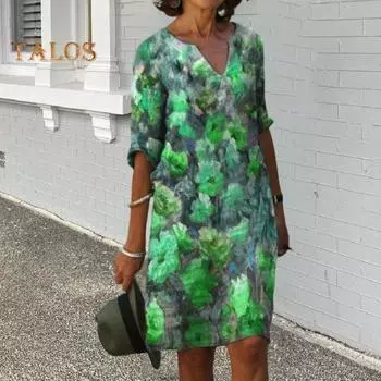 Летнее женское платье с V-образным вырезом Свободное художественное масло Картина с цветочным принтом Половина рукава Дышащее мягкое повседневное мини-платье для ежедневных поездок Короткое платье 2XL фиолетовый