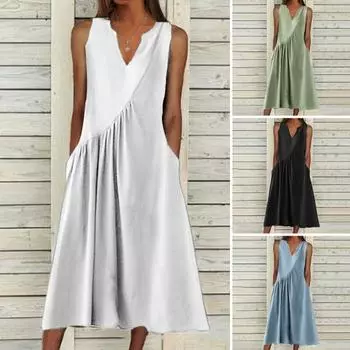 Летнее женское платье с V-образным вырезом, плиссированное трапециевидной формы, свободный подол, лоскутное платье без рукавов, сплошной цвет, боковые карманы, длина до середины икры, повседневное пляжное платье миди, длинный сарафан L зелёный