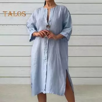 Летнее женское платье с v-образным вырезом и боковым разрезом, свободный пуловер на пуговицах, чистый цвет, с длинными рукавами, повседневное платье-миди L розы красного