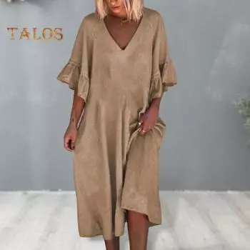 Летнее женское платье с V-образным вырезом и рюшами в стиле пэчворк на манжетах Свободное однотонное трапециевидное платье с большими распашными рукавами в форме полурога Повседневный пуловер Повседневная одежда Платье миди 3XL темно-синий