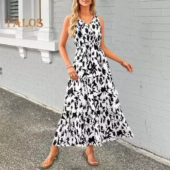 Летнее женское платье с V-образным вырезом и трапецией, свободный подол, лоскутное платье с цветочным принтом, без рукавов, эластичный сарафан с высокой талией, жилет типа, отпуск, пляжное платье макси M чёрный