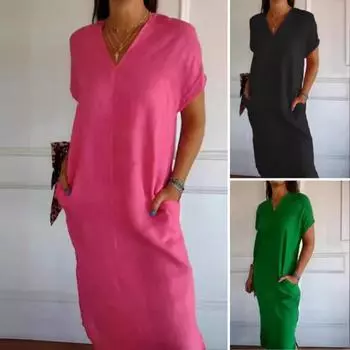 Летнее женское платье с V-образным вырезом и короткими рукавами, боковые карманы с разрезом по краю, свободная шнуровка сзади, сплошной цвет, длина до середины икры, повседневное мягкое дышащее женское платье-миди 3XL красный