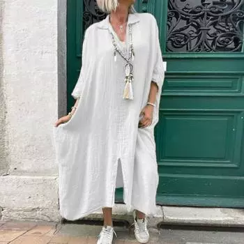 Летнее женское платье с V-образным вырезом и раздельным подолом, рукава три четверти, свободное платье больших размеров, однотонное, мягкое, дышащее, длиной до середины икры, повседневное повседневное платье миди S зелёный