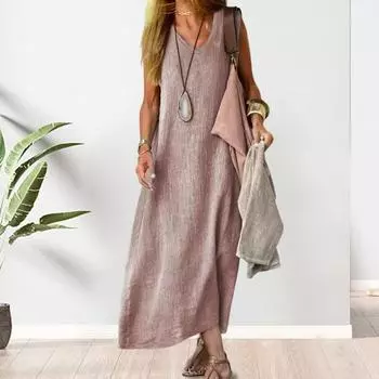 Летнее женское платье с V-образным вырезом без рукавов, свободный жилет до щиколотки, чистый цвет, пуловер трапециевидной формы, пляжное платье макси для отдыха M хаки