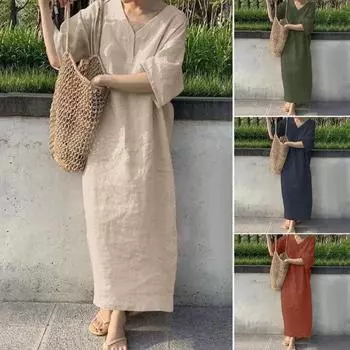 Летнее женское платье с V-образным вырезом, сплошной цвет, ретро, свободные с короткими рукавами, большие размеры, быстросохнущее трапециевидное платье длиной до щиколотки, повседневная повседневная одежда, платье макси S хаки