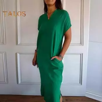 Летнее женское платье с V-образным вырезом и короткими рукавами, боковые карманы с разрезом по краю, свободная шнуровка сзади, сплошной цвет, длина до середины икры, повседневное мягкое дышащее женское платье-миди 3XL красный