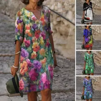 Летнее женское платье с V-образным вырезом Свободное художественное масло Картина с цветочным принтом Половина рукава Дышащее мягкое повседневное мини-платье для ежедневных поездок Короткое платье 2XL