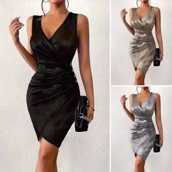 Летнее женское платье с V-образным вырезом без рукавов Slim Fit Плиссированные нерегулярные подол Сплошной цвет Оболочка Узкая талия Назад Молния Кнопка Декор Клубная вечеринка Мини-платье S чёрный
