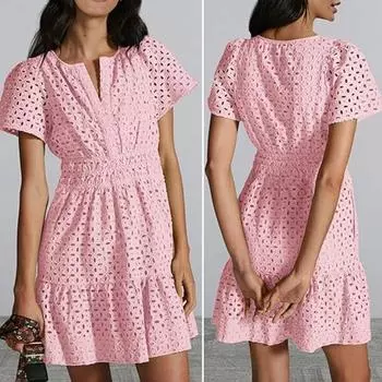 Летнее женское платье с V-образным вырезом и короткими рукавами, ажурное кружевное сплошное цветное плиссированное высокое платье M светло-синий