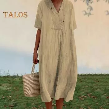 Летнее женское платье с v-образным вырезом и коротким рукавом, свободный пуловер трапециевидной формы, чистый цвет, длина до середины икры, повседневное повседневное платье-миди L хаки