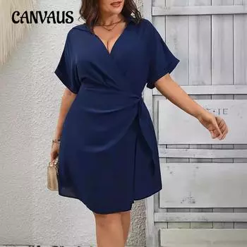 Летнее женское платье с v-образным вырезом и завязками с коротким рукавом, однотонное платье больших размеров L синий