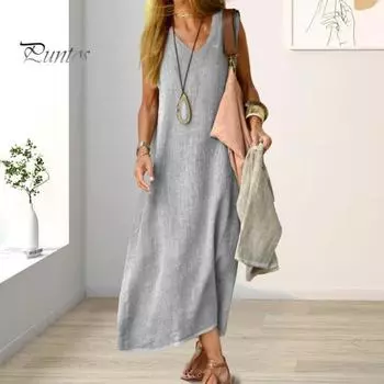 Летнее женское платье с V-образным вырезом без рукавов, свободный жилет до щиколотки, чистый цвет, пуловер трапециевидной формы, пляжное платье макси для отдыха M розовый