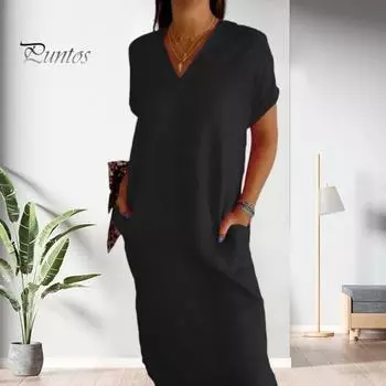Летнее женское платье с V-образным вырезом и короткими рукавами, боковые карманы с разрезом по подолу, свободное однотонное платье длиной до середины икры, повседневное мягкое дышащее женское платье-миди S красный