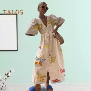 Летнее женское платье с v-образным вырезом и короткими рукавами, свободное плиссированное лоскутное однобортное платье с принтом в молодом стиле, пляжное платье миди для отпуска M белый