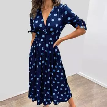 Летнее женское платье с v-образным вырезом, однобортное, с большим подолом, с тонкой талией, трапециевидным принтом, на шнуровке, с короткими манжетами L чёрный