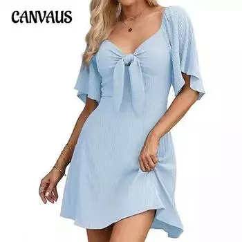 Летнее женское платье с v-образным вырезом и галстуком-бабочкой, мини-платья с короткими рукавами S белый