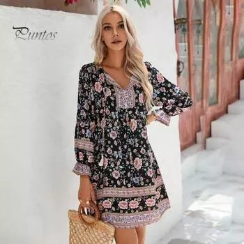 Летнее женское платье с V-образным вырезом в богемном стиле с цветочным принтом и шнуровкой с кисточками и длинными рукавами трапециевидной формы, свободное пляжное мини-платье для отпуска, повседневное короткое платье S