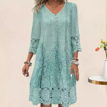 Летнее женское платье с V-образным вырезом, кружевными пуговицами и рукавами три четверти, вышивка, однотонное S синий