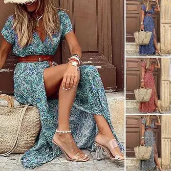 Летнее женское платье с V-образным вырезом и поясом с узкой талией и разрезом подол с короткими рукавами в стиле ретро с принтом в богемном стиле M зелёный