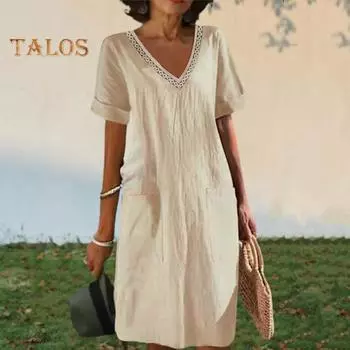 Летнее женское платье с v-образным вырезом, короткими рукавами, высокой талией и боковыми карманами, однотонное, до колена, свободное, повседневное, повседневное, платье миди 2XL синий