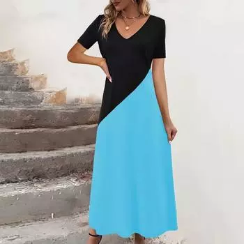 Летнее женское платье с V-образным вырезом и свободным подолом, лоскутное платье с короткими рукавами, подходящее по цвету L зелёный