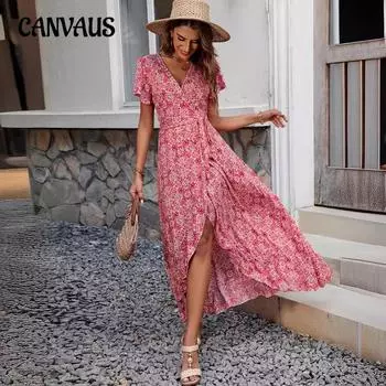 Летнее женское платье с v-образным вырезом и принтом, с короткими рукавами, цельное платье с завязками, пляжный праздничный стиль, большие распашные платья S красный