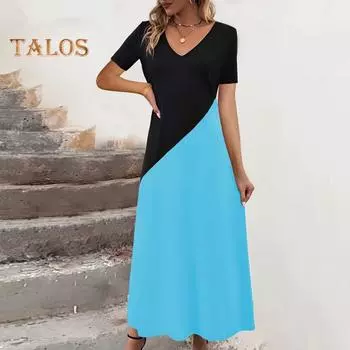 Летнее женское платье с v-образным вырезом и трапециевидным вырезом, свободный подол, лоскутное платье соответствующего цвета, свободное с короткими рукавами, повседневное макси-платье для свиданий и отпуска L зелёный