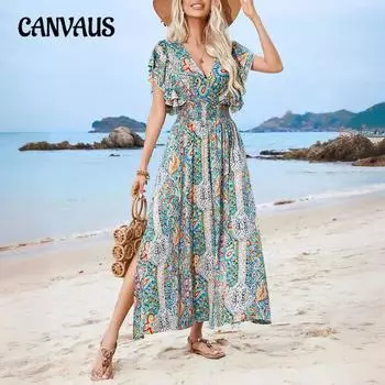 Летнее женское платье с v-образным вырезом и открытой спиной, с принтом и рюшами, с короткими рукавами, богемные праздничные платья с разрезом S разноцветный