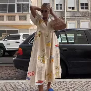 Летнее женское платье с v-образным вырезом и короткими рукавами, свободное плиссированное лоскутное однобортное платье с принтом в молодом стиле, пляжное платье миди для отпуска L белый