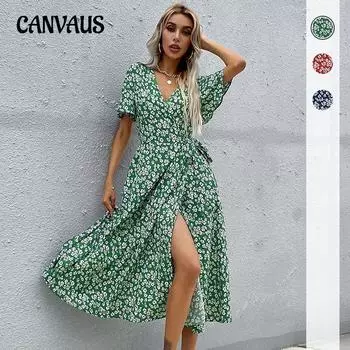 Летнее женское платье с v-образным вырезом, зеленое, тонкое, темпераментное, элегантное, на шнуровке, с принтом, платья S зелёный