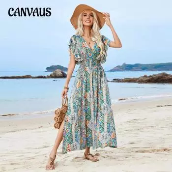 Летнее женское платье с v-образным вырезом и открытой спиной, с рюшами и рукавами, богемные праздничные платья с разрезом S разноцветный