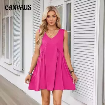 Летнее женское платье с v-образным вырезом и плиссированным жилетом без рукавов и карманами XS чёрный