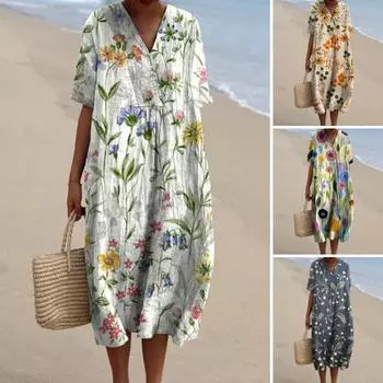 Летнее женское платье с v-образным вырезом и короткими рукавами, свободное винтажное платье-миди с цветочным принтом в богемном стиле, трапециевидное пляжное платье-миди для свиданий S зелёный