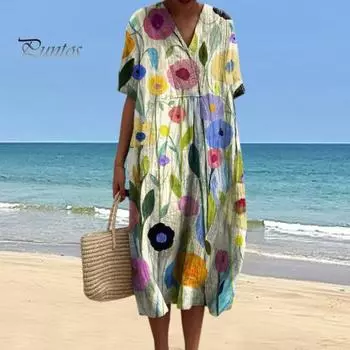 Летнее женское платье с v-образным вырезом и короткими рукавами, свободное винтажное платье с цветочным принтом в богемном стиле, трапециевидной формы длиной до колена, пляжное платье миди для свиданий S синий