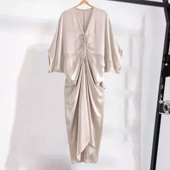 Летнее женское платье с V-образным вырезом, шелковистое, неровное, мешковатое, атласное, однотонное, с завязками, плиссированное, рукава «летучая мышь», выпускной M