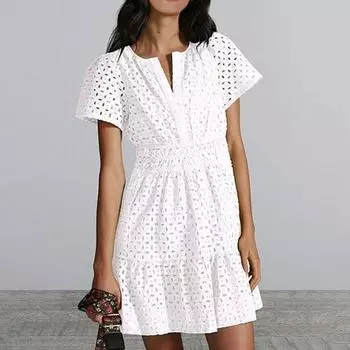 Летнее женское платье с V-образным вырезом и короткими рукавами, ажурное кружевное сплошное цветное плиссированное лоскутное платье с высокой талией длиной выше колена, пляжное мини-платье для свиданий M светло-синий