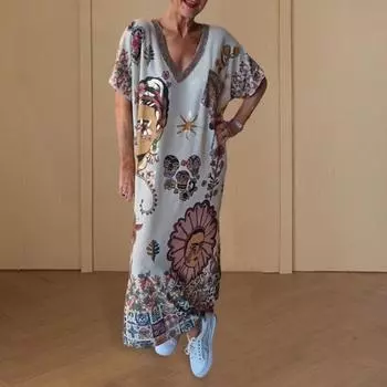 Летнее женское платье с v-образным вырезом и короткими рукавами, свободный пуловер в стиле ретро с этническим принтом до щиколотки, повседневная повседневная одежда, платье макси XL белый