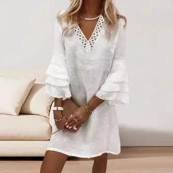 Летнее женское платье с V-образным вырезом и открытыми многослойными манжетами, однотонное однотонное платье с рукавами три четверти, свободное платье длиной выше колена для свиданий, пляжное мини-платье XL