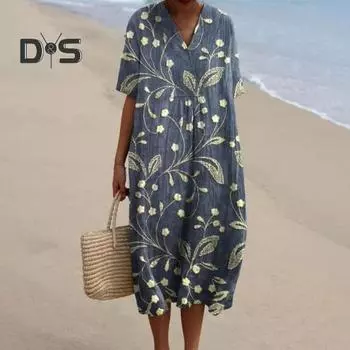 Летнее женское платье с v-образным вырезом и короткими рукавами, свободное винтажное платье с цветочным принтом в богемном стиле, трапециевидной формы длиной до колена, пляжное платье миди для свиданий S синий