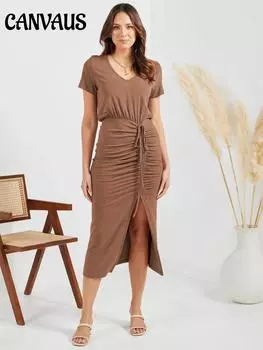 Летнее женское платье с v-образным вырезом и короткими рукавами, открытое одношаговое платье на шнуровке, сексуальное облегающее платье для девочек S кофейный