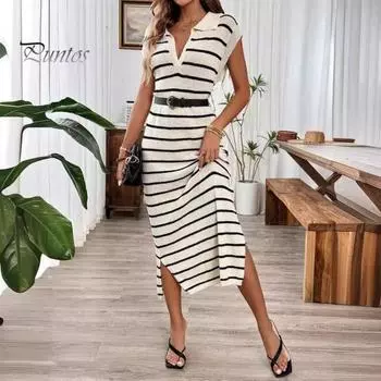 Летнее женское платье с v-образным вырезом и лацканами в полоску с короткими рукавами и разрезом подол длиной до середины икры, свободный пуловер, повседневное повседневное платье миди