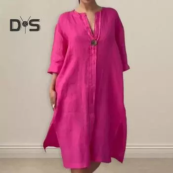 Летнее женское платье с v-образным вырезом и боковым разрезом, свободный пуловер на пуговицах, чистый цвет, с длинными рукавами, повседневное платье-миди 2XL розы красного